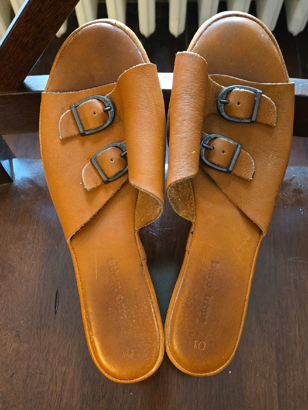 Leather Buckle Platform Sandals - Tan, Size 10